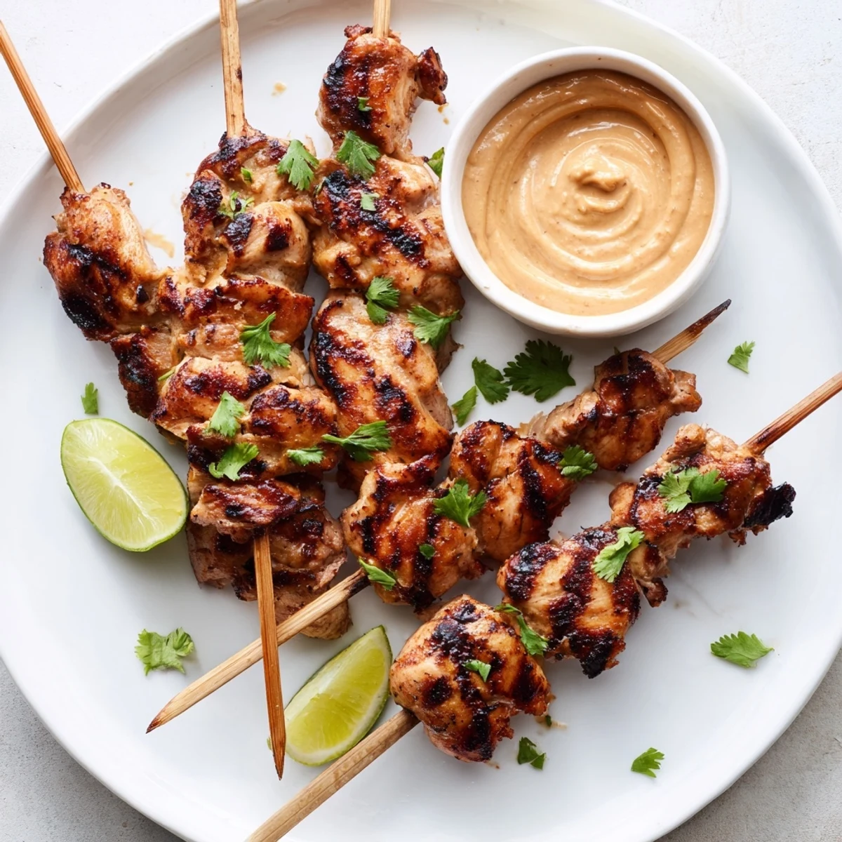 Overhead view of savory Chicken Satay Skewers with Peanut Sauce, a delicious Southeast Asian-inspired appetizer or main dish.