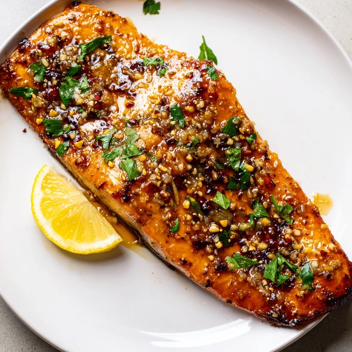 Perfectly baked Baked Salmon with Honey Garlic Glaze on a white plate with fresh lemon wedges.
