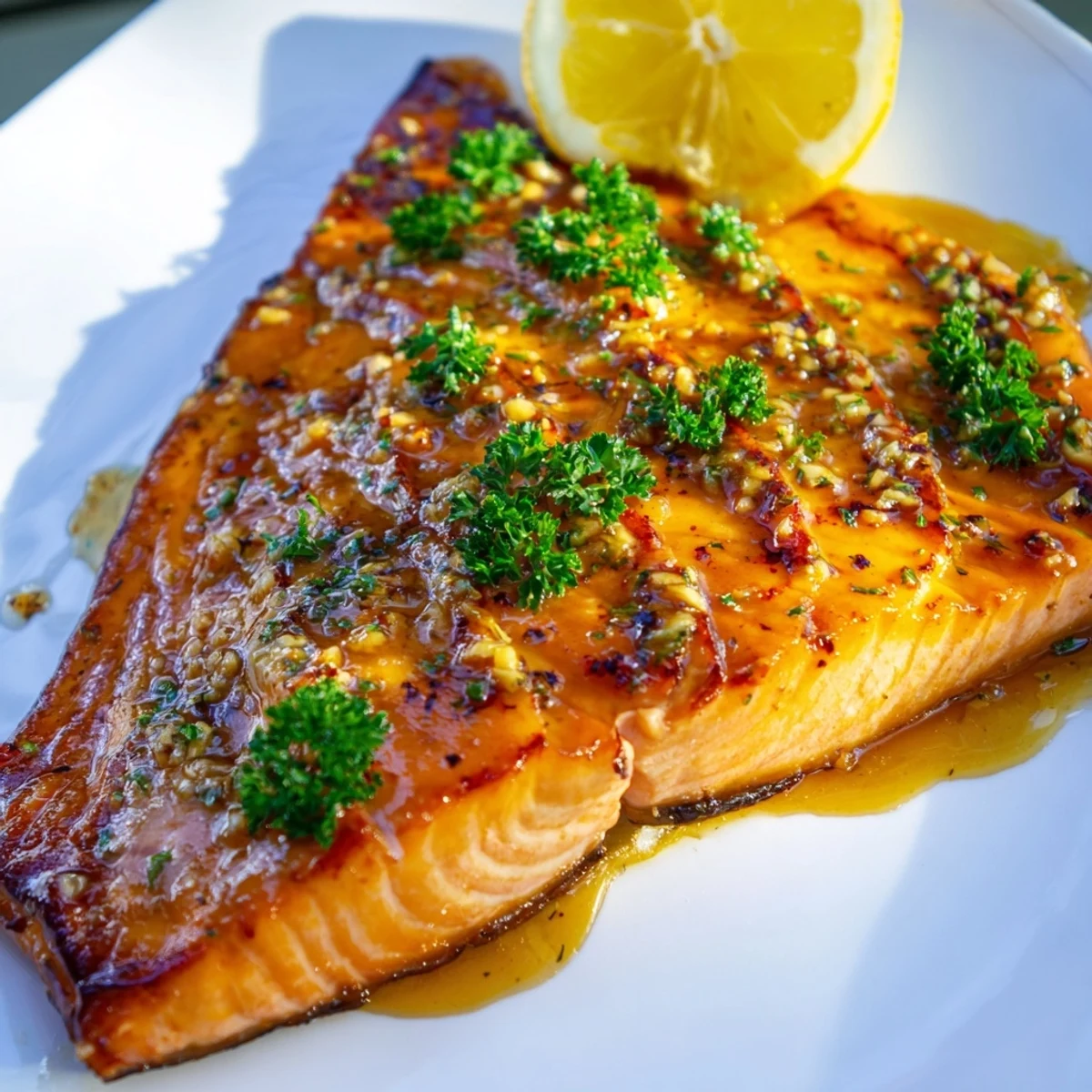 Juicy Baked Salmon with Honey Garlic Glaze served alongside fluffy white rice and steamed broccoli.