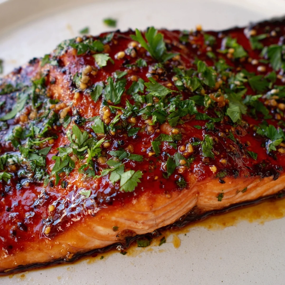 Close-up of glazed Baked Salmon with Honey Garlic Glaze on a rustic wooden table.