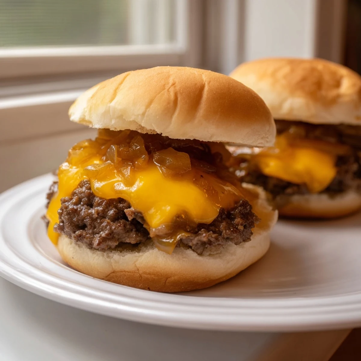 Mini beef burgers topped with golden caramelized onions and Swiss cheese, served warm on slider buns.