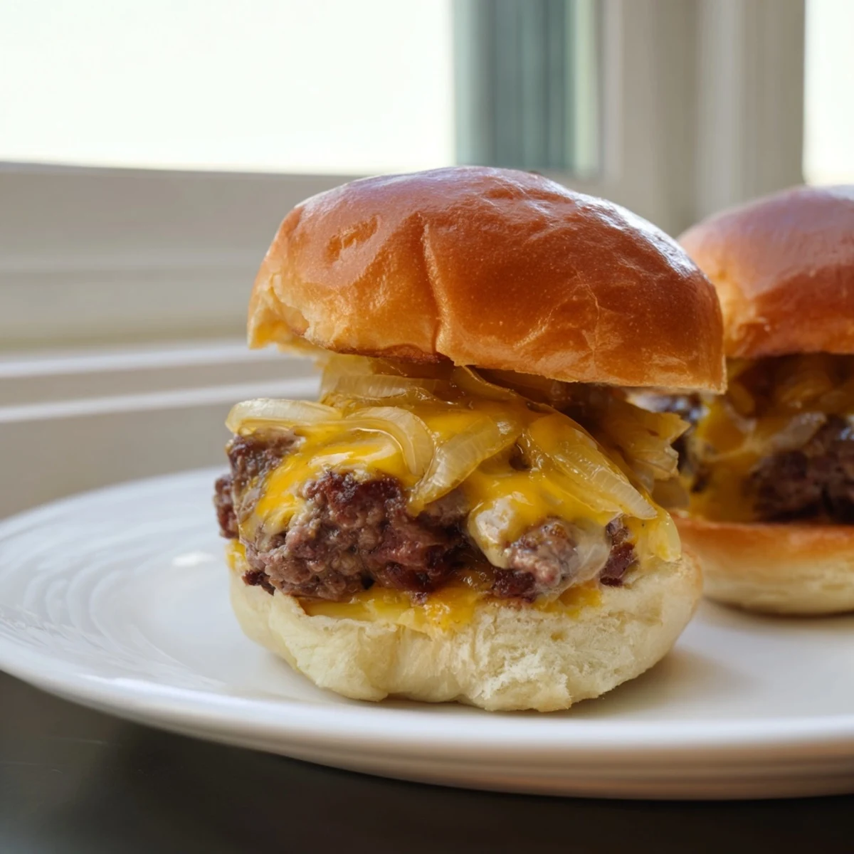 Beef sliders with caramelized onions and cheese resting on a platter, ready for a party or game day.
