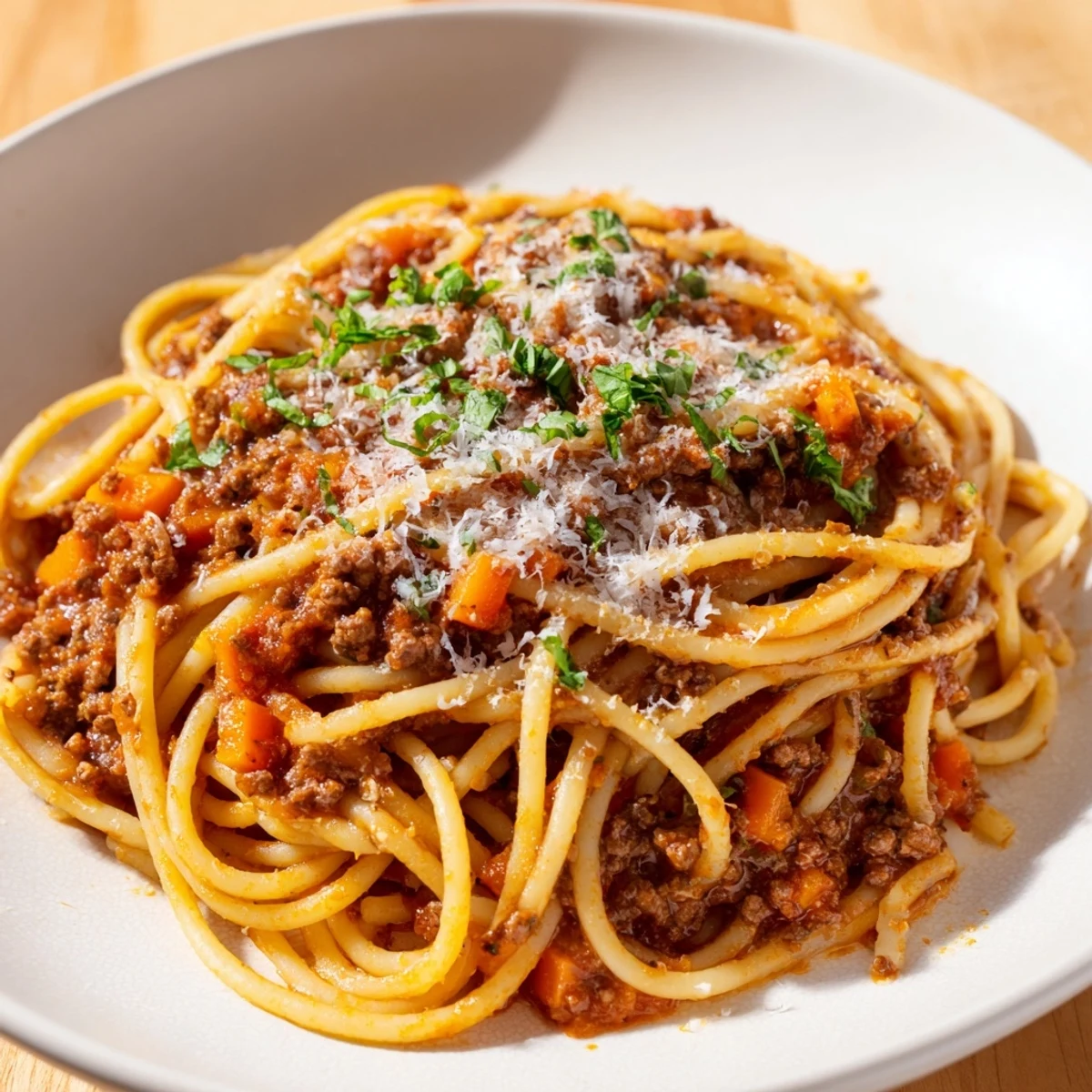 Steaming Beef Bolognese with Spaghetti in a white bowl, topped with fresh basil and grated Parmesan.