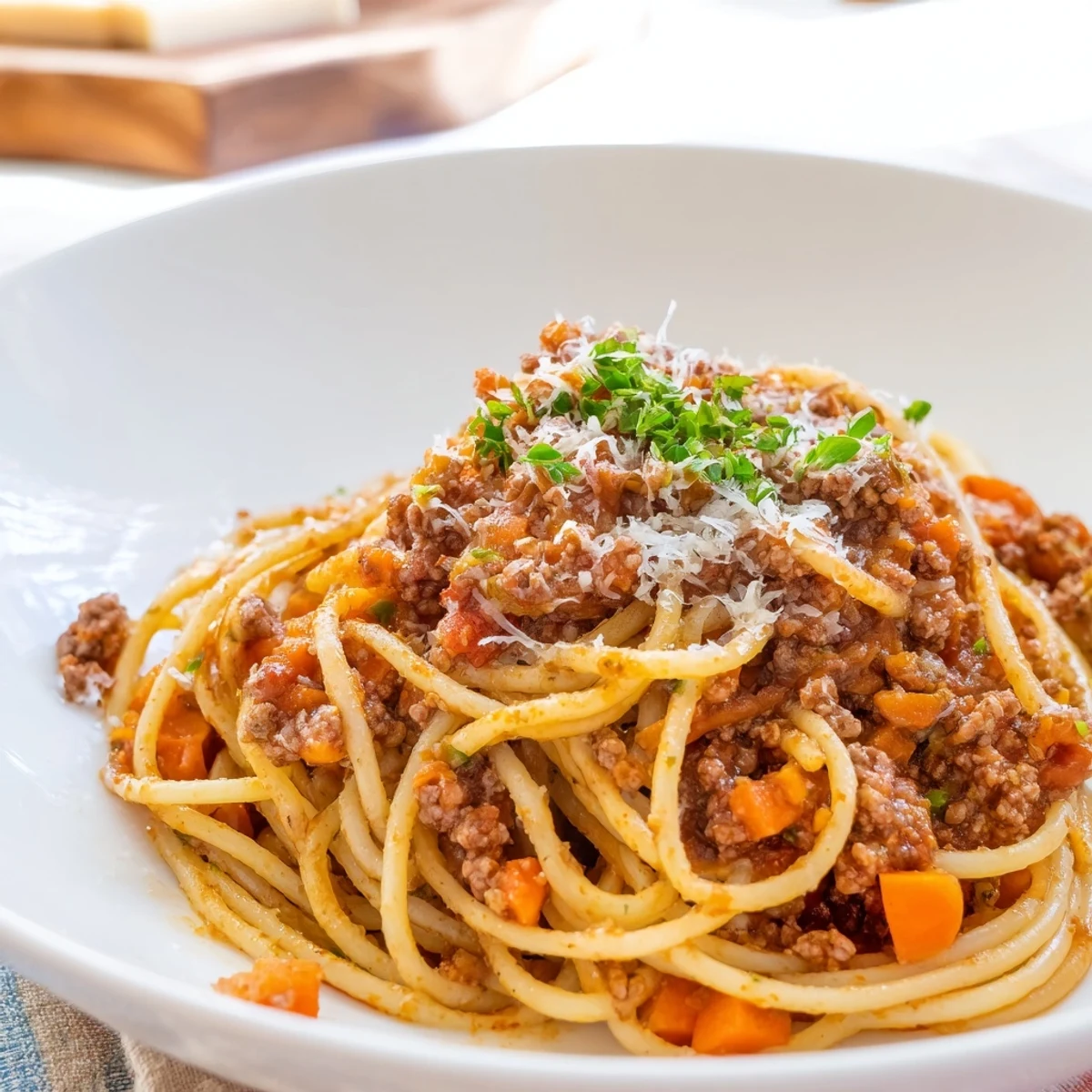 Close-up of rich Beef Bolognese sauce coating spaghetti strands in a rustic skillet, ready to serve.