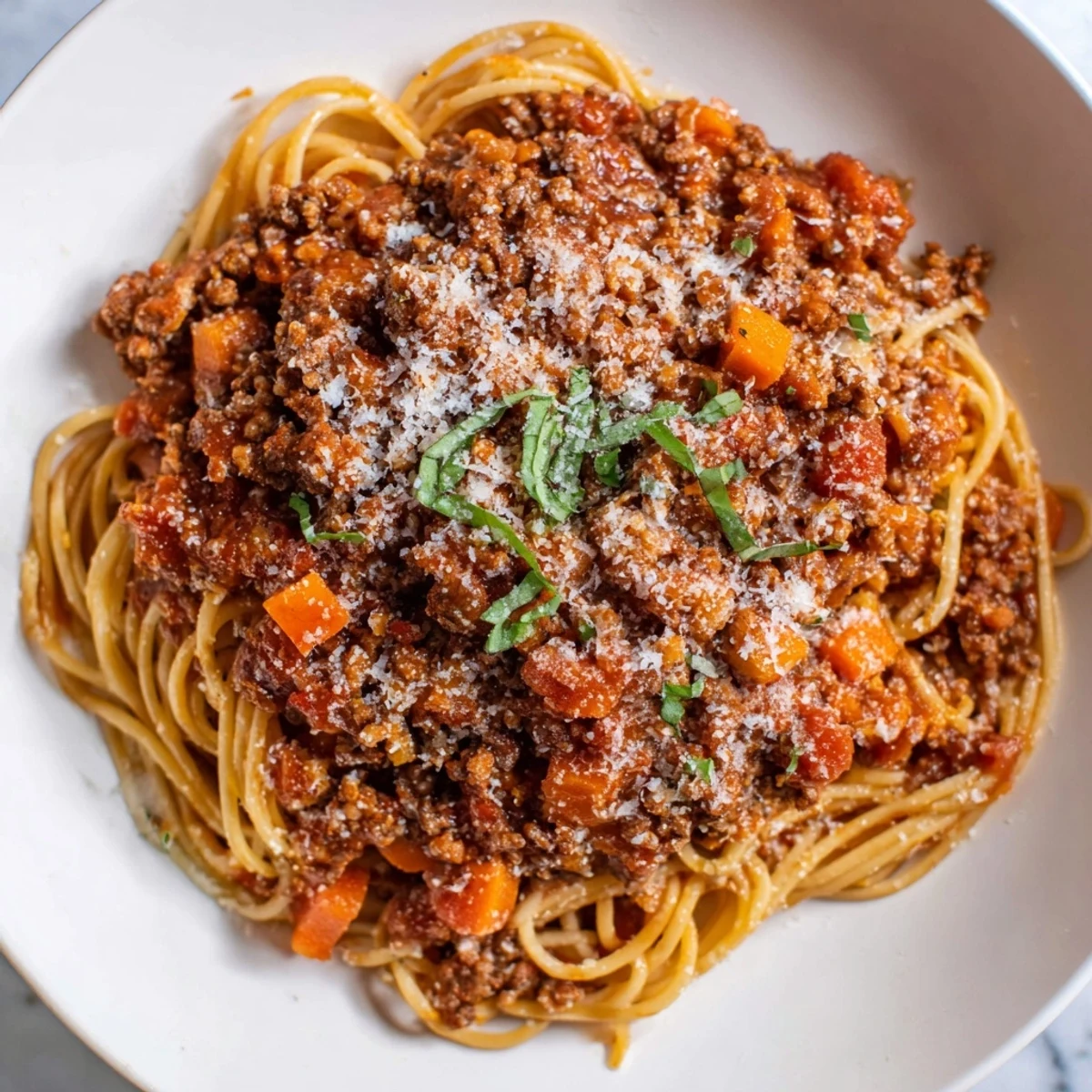 Family-style platter of Beef Bolognese with Spaghetti, garnished with parsley and a glass of red wine.