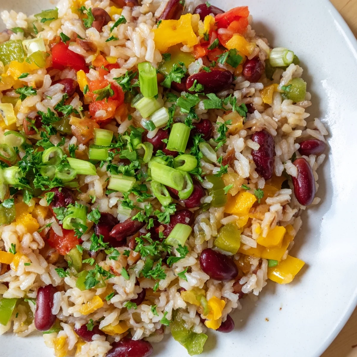 A close-up of Mardi Gras Rice and Beans with vibrant red and green bell peppers and fluffy rice.  
