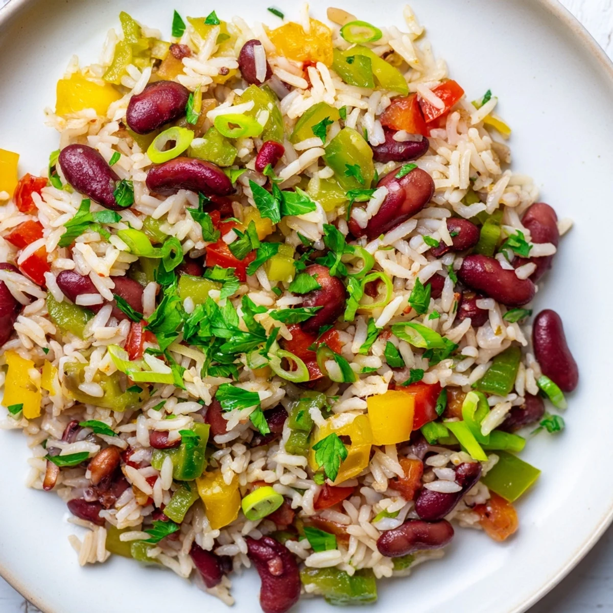 Steam rises from a pot of Mardi Gras Rice and Beans, garnished with fresh parsley and green onions.  