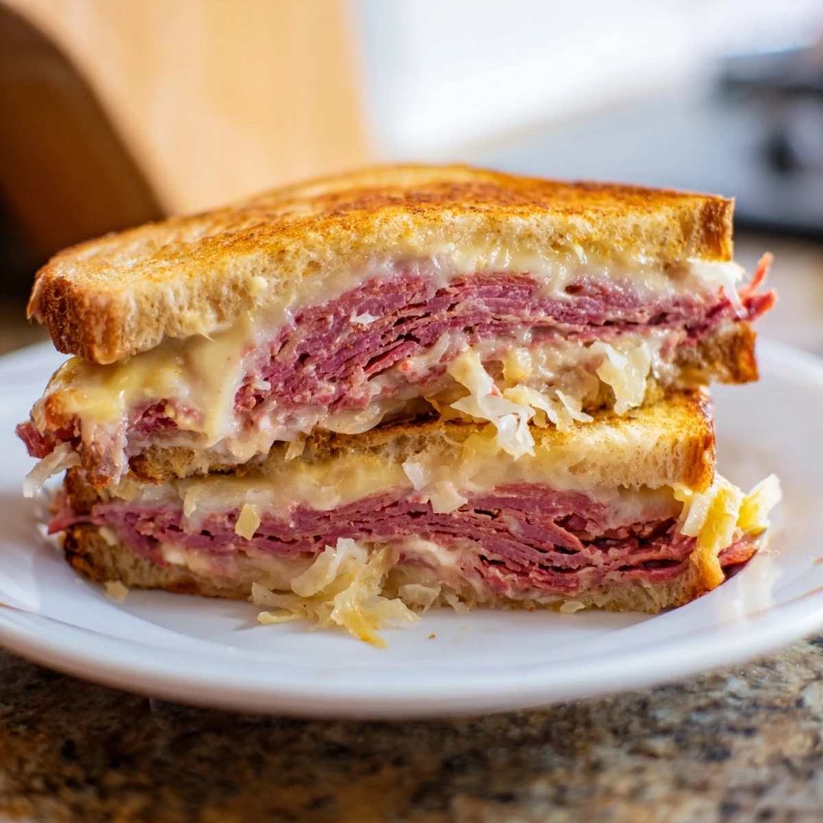 Grilled Corned Beef Sandwich on Rye resting on a checkered napkin with crispy crust and tangy Russian dressing oozing slightly.