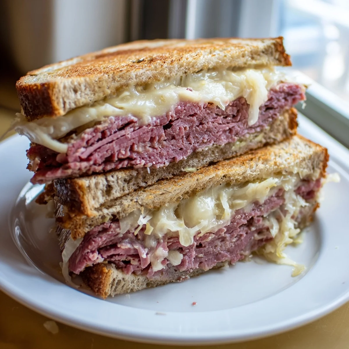 A close-up of the Corned Beef Sandwich on Rye with melted Swiss cheese and sauerkraut on toasted rye bread, cut in half to show layers.