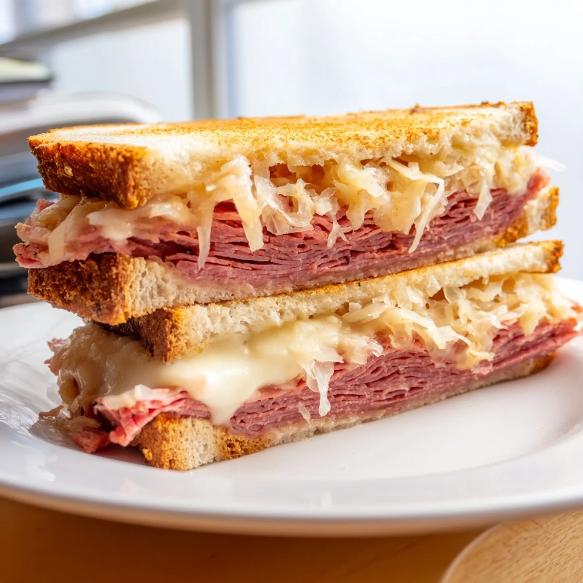 A rustic deli-style Corned Beef Sandwich on Rye served with pickles and potato chips on a wooden cutting board for a hearty lunch.