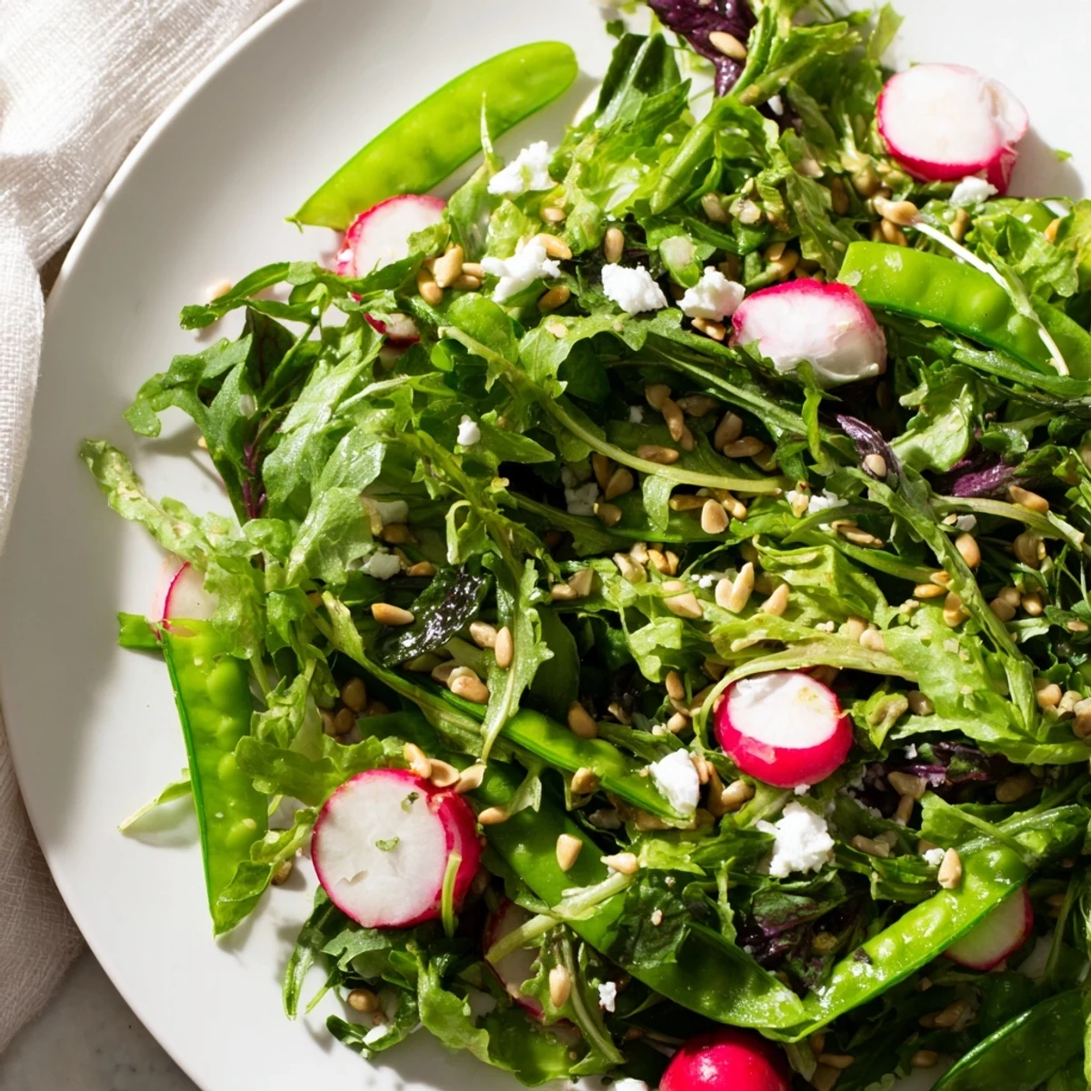 Spring greens salad with lemon vinaigrette on a white plate garnished with radishes, snap peas, and sunflower seeds.