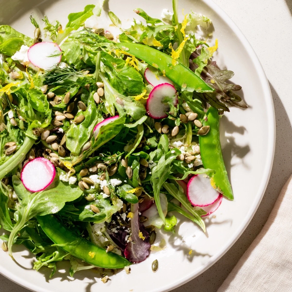 Spring greens salad with lemon vinaigrette on a wooden table, ready to serve as a light lunch.