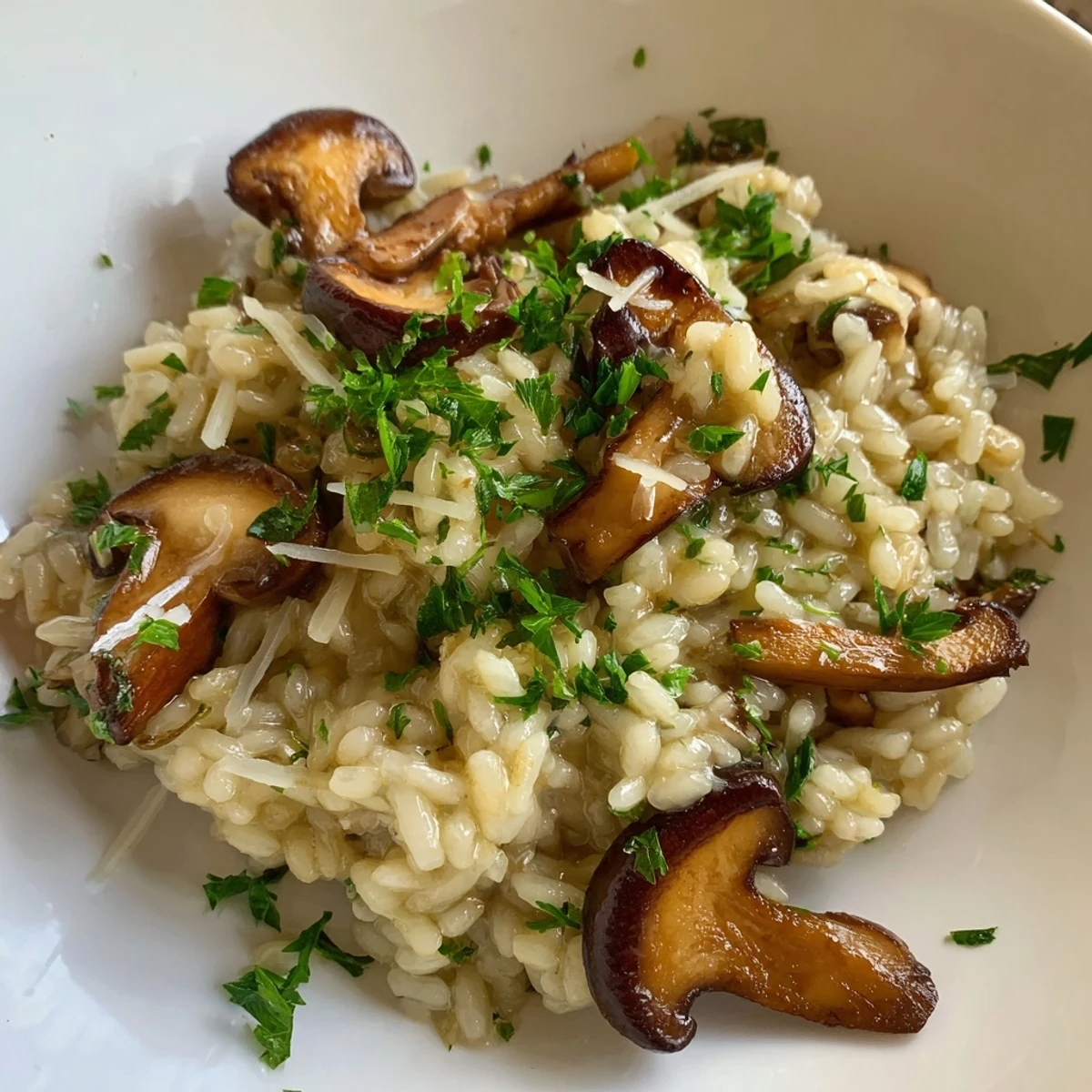 The finished Creamy Mushroom Risotto with Truffle Oil glistening in a shallow ceramic bowl, topped with fresh parsley.  