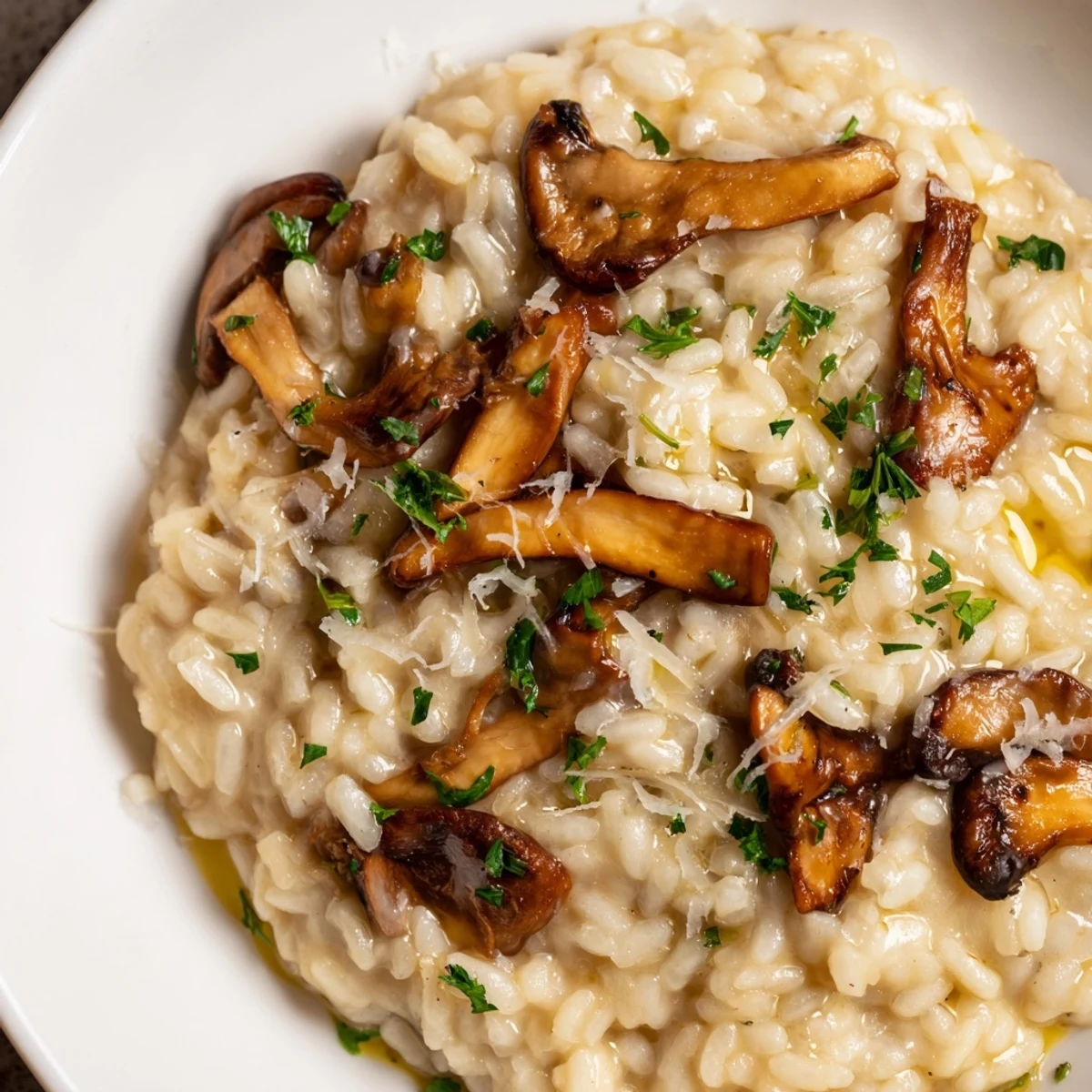 A spoon scooping into the velvety Creamy Mushroom Risotto with Truffle Oil, revealing the rich, cheesy interior.  