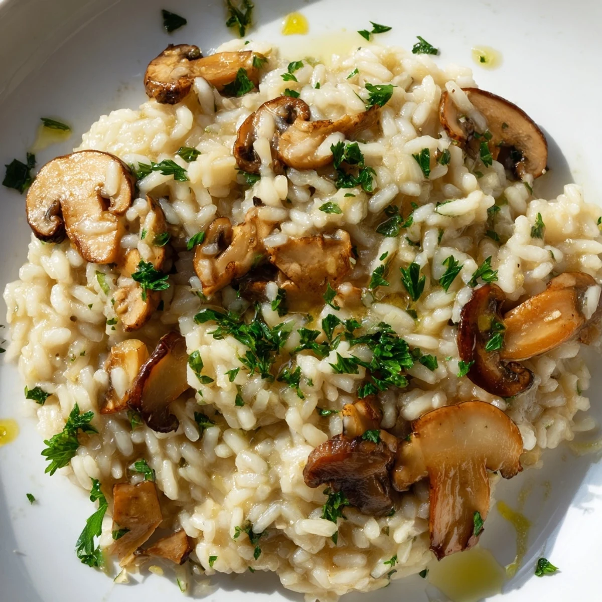 Close-up of Creamy Mushroom Risotto with Truffle Oil served on a dark plate, garnished with sautéed mushrooms and herbs.