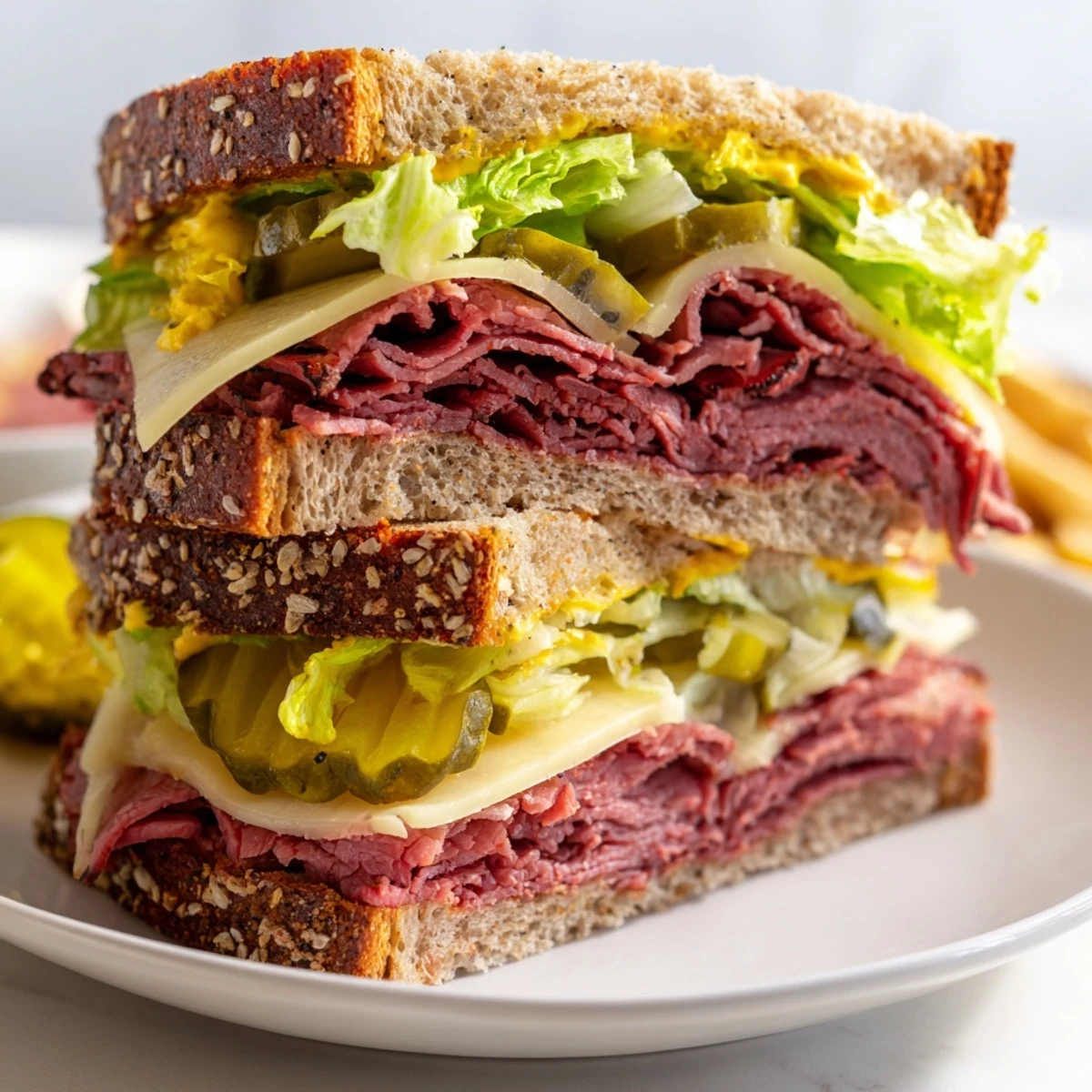 A close-up of the Corned Beef Sandwich on Rye with Pickles, featuring layered corned beef, tangy pickles, and melted Swiss cheese on seeded bread.