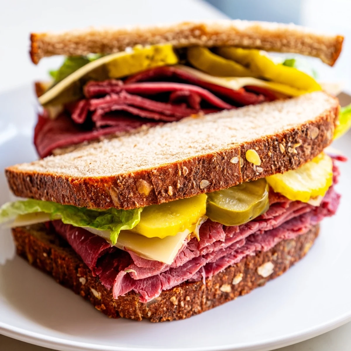 Two halves of a Corned Beef Sandwich on Rye with Pickles resting on a wooden board, with yellow mustard and crisp lettuce peeking out.