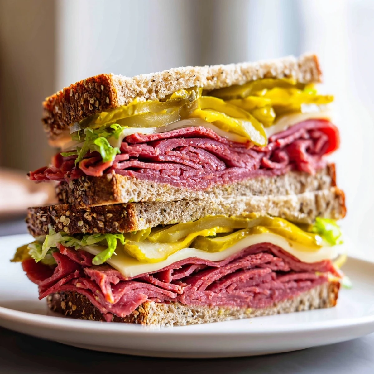 The classic Corned Beef Sandwich on Rye with Pickles, cut diagonally to show the savory filling and served alongside crunchy dill pickles.