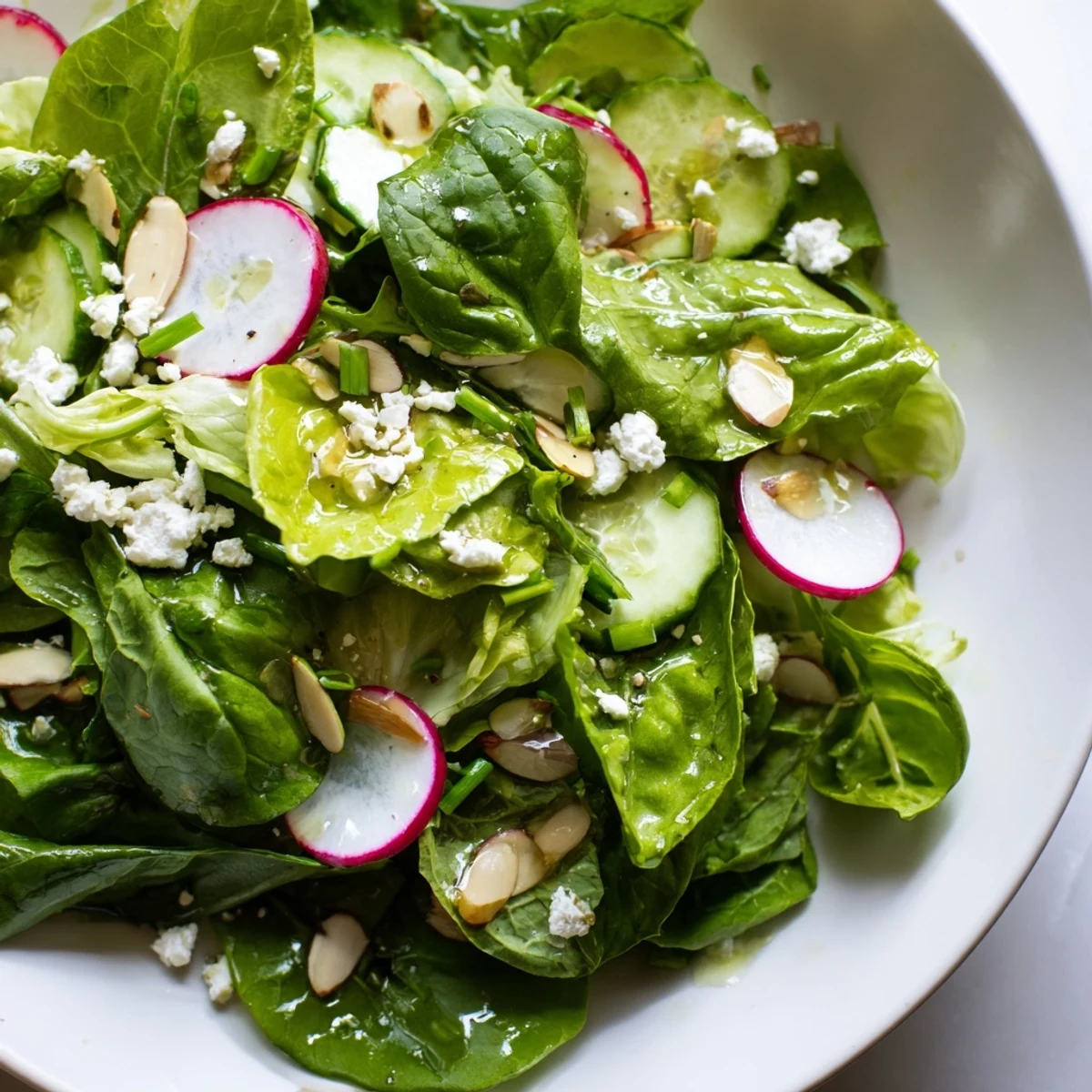 Spring Greens Salad with Lemon Vinaigrette topped with goat cheese and toasted almonds on a rustic wooden table.