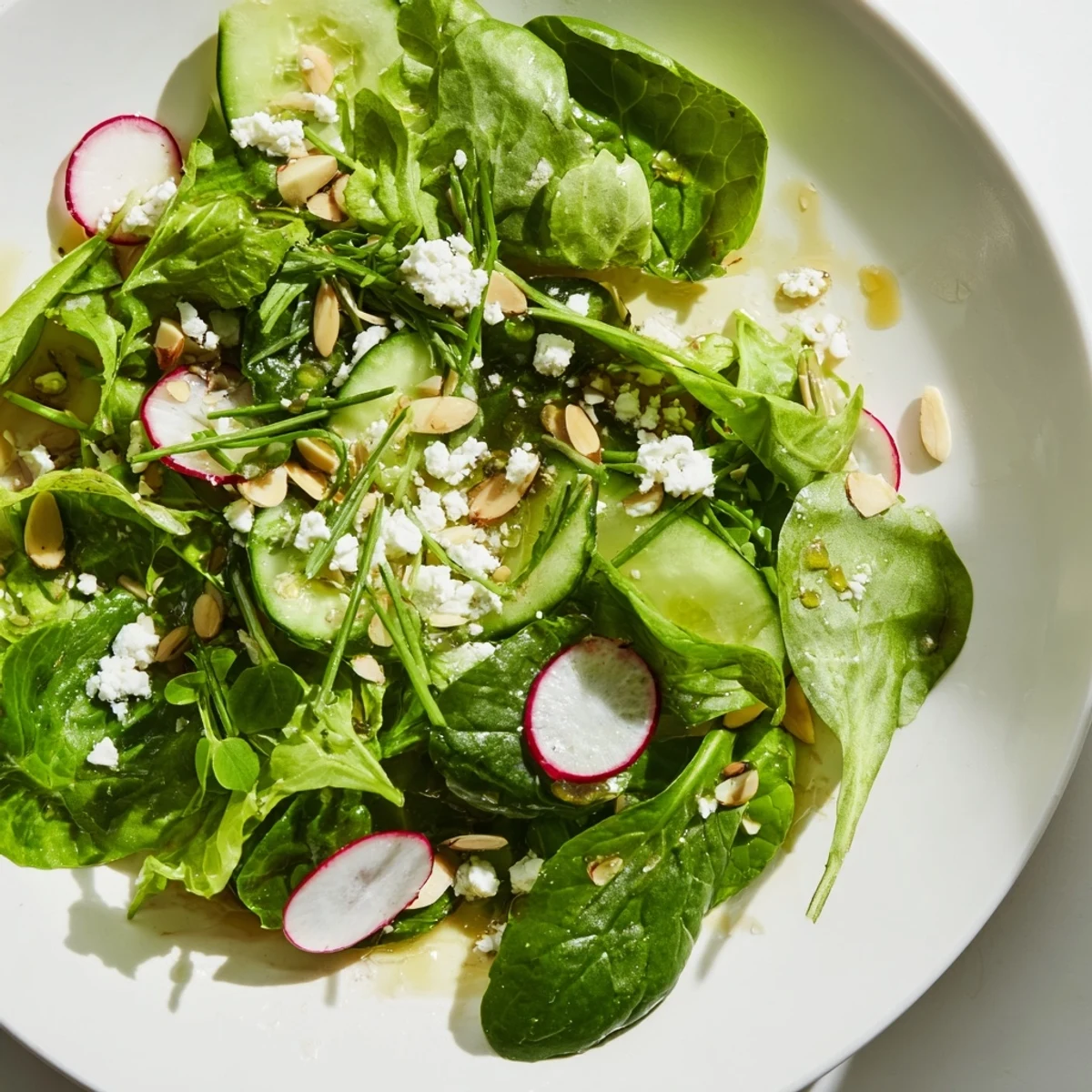 Fresh Spring Greens Salad with Lemon Vinaigrette served in a white bowl with sliced cucumbers and radishes.