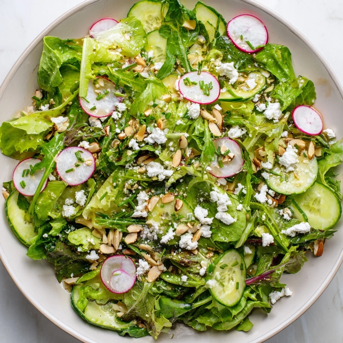 A vibrant Spring Greens Salad with Lemon Vinaigrette paired with a glass of crisp white wine for a light lunch.