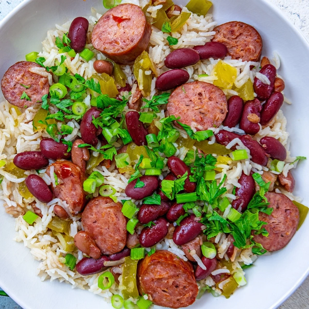 Golden-brown andouille sausage slices simmering alongside tender red kidney beans and fluffy white rice in a savory Creole spice blend inside a Dutch oven.