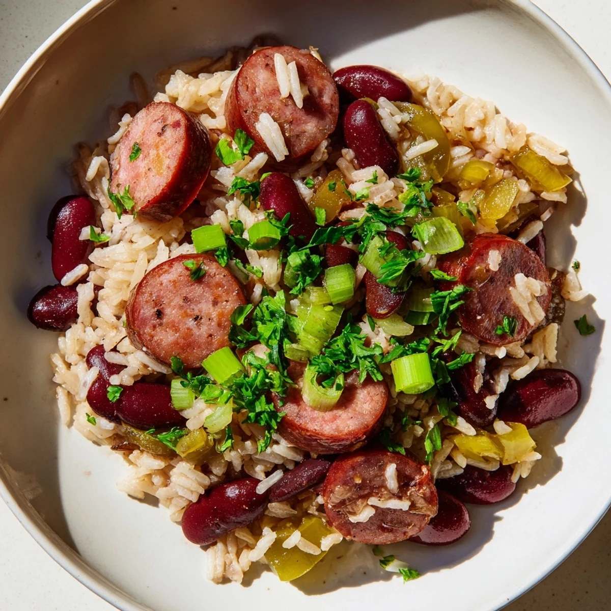 A hearty bowl of Mardi Gras Rice and Beans with Sausage and vegetables, steam rising to reveal the smoky aroma of the Creole main dish.