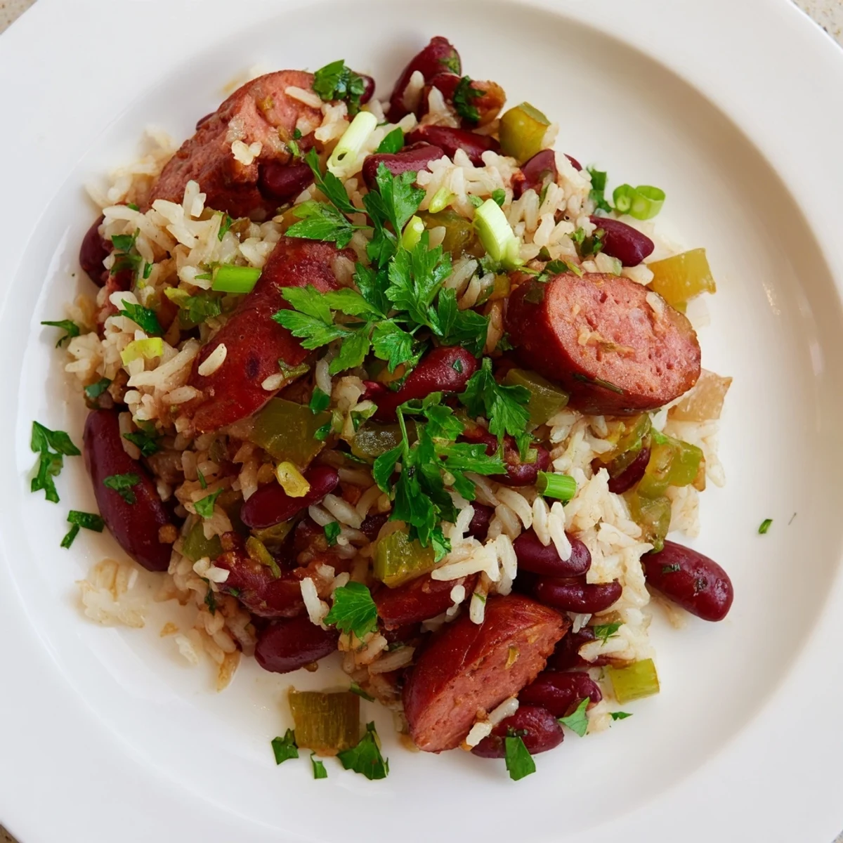 A vibrant close-up of Mardi Gras Rice and Beans with Sausage garnished with fresh parsley and green onions, served hot in a rustic bowl.