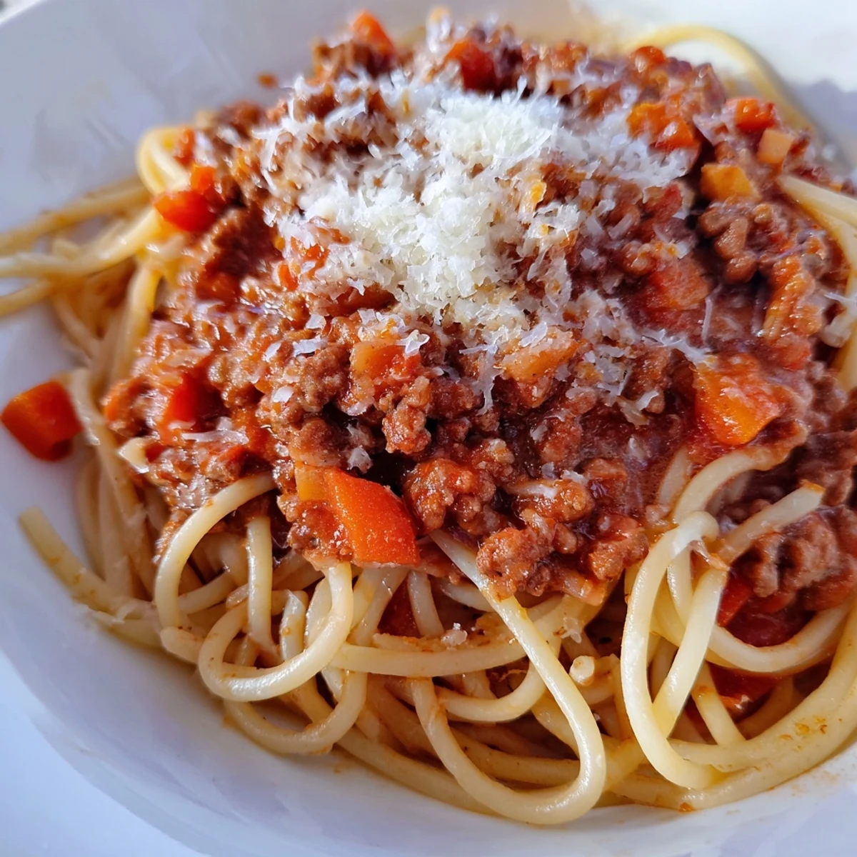 Classic Italian Beef Bolognese with Spaghetti and Parmesan garnished with basil, ready to serve on a wooden cutting board for family dinner.