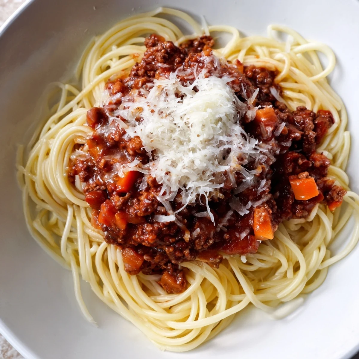Steaming plate of Beef Bolognese with Spaghetti and Parmesan served in a white bowl with a glass of red wine on a rustic table.