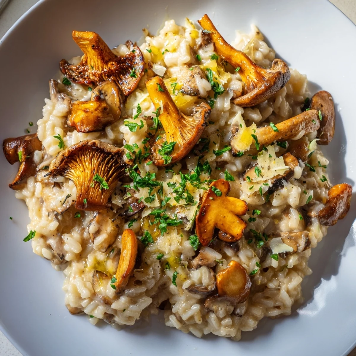 Golden, creamy mushroom risotto with truffle oil glistens in a shallow bowl, garnished with fresh parsley.