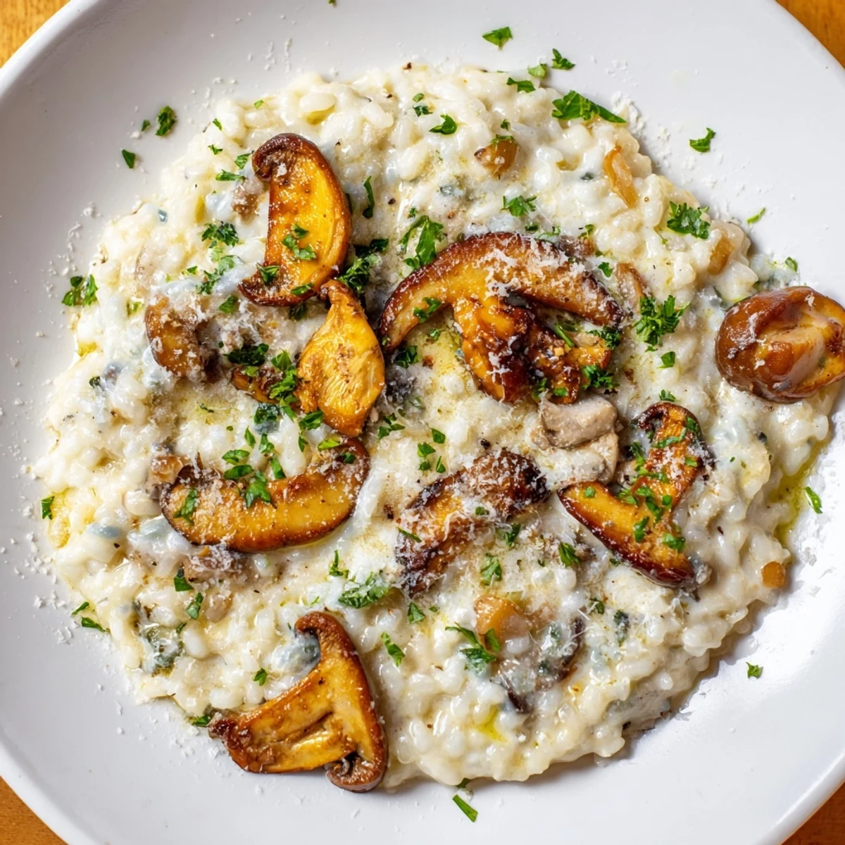 A spoon scoops into creamy mushroom risotto with truffle oil, steam rising beside fresh parsley.