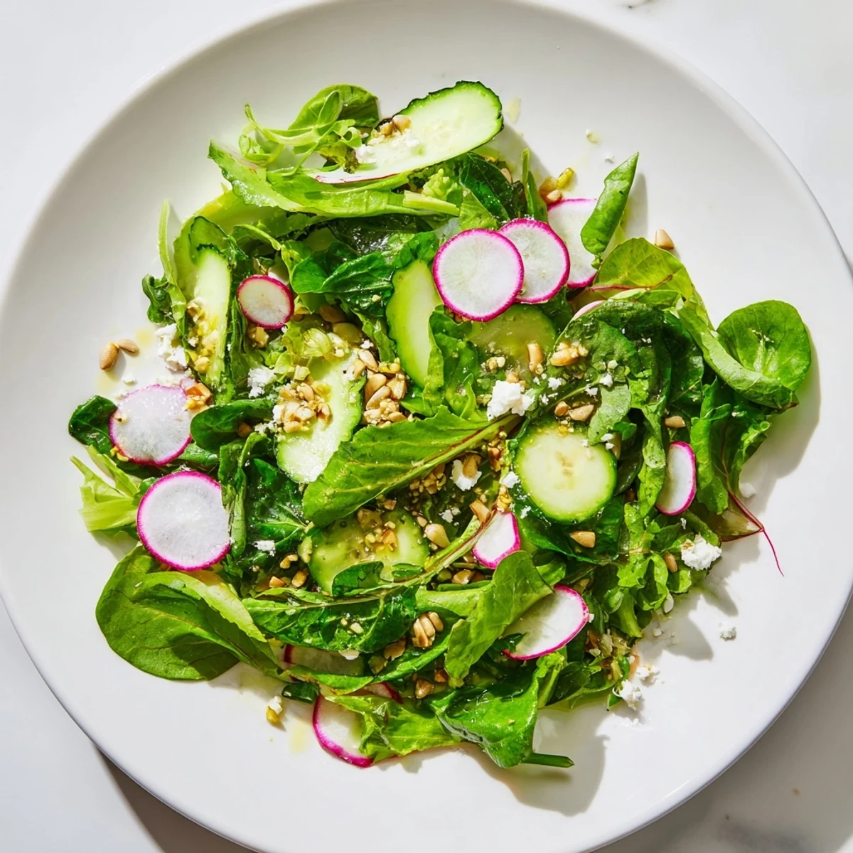 Fresh Spring Greens Salad with Lemon Vinaigrette in a white bowl topped with feta and sunflower seeds.