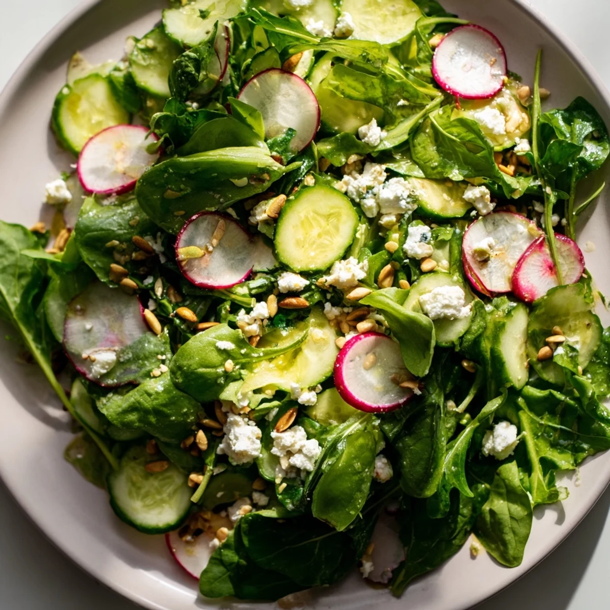 Close-up of Spring Greens Salad with Lemon Vinaigrette, vibrant greens, radishes, and feta on a rustic wooden table.