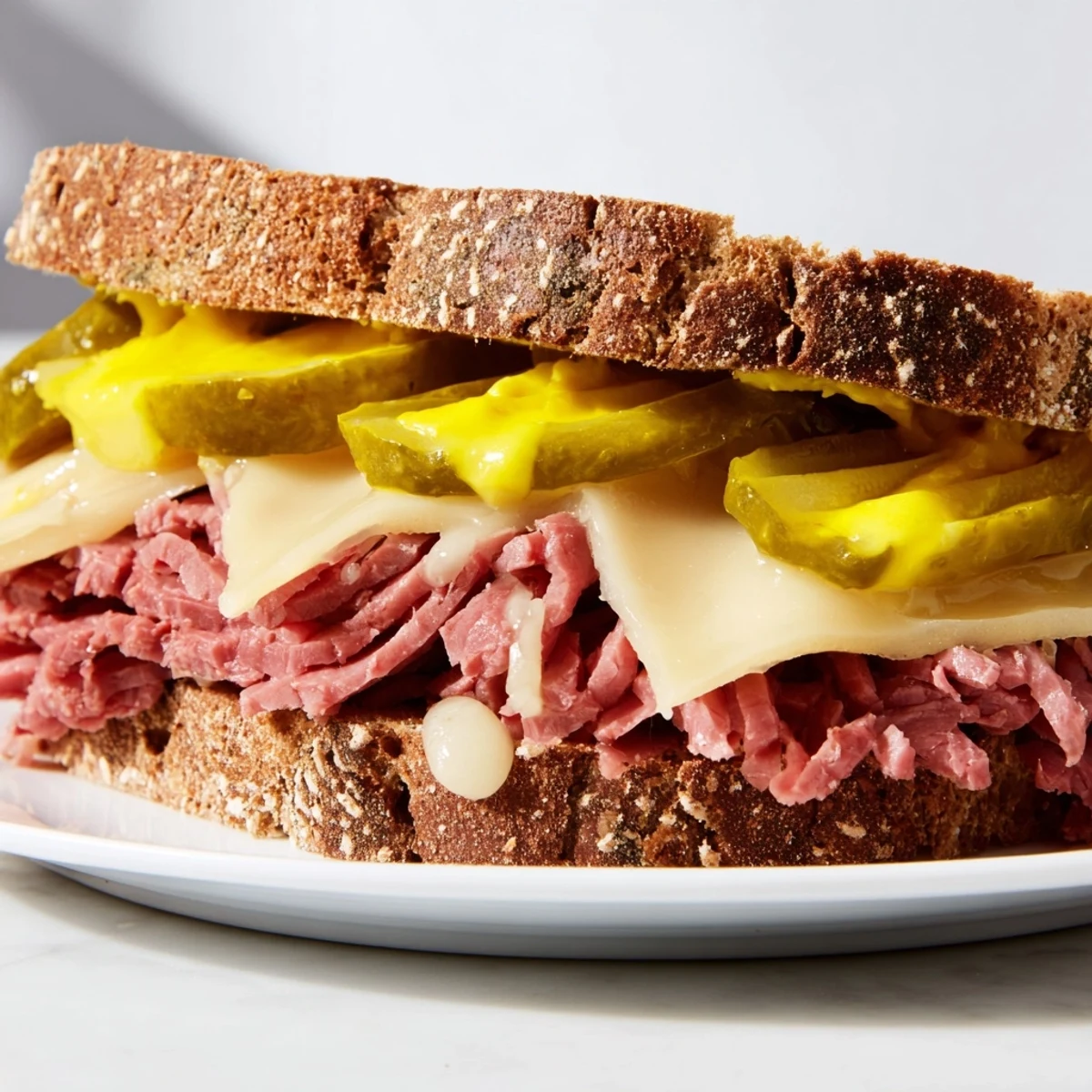 A close-up of the Corned Beef Sandwich on Rye with Pickles, stacked high with meat and tangy pickles. 