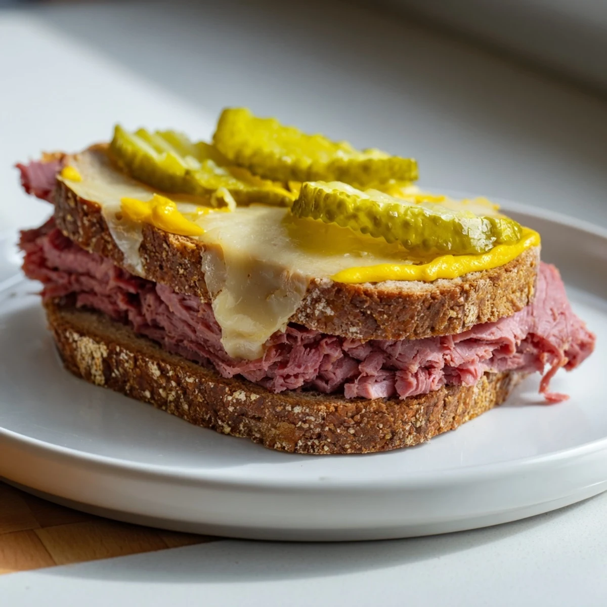 The Corned Beef Sandwich on Rye with Pickles shows melted Swiss cheese on toasted rye bread. 