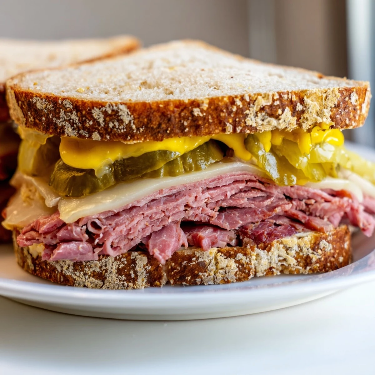 Overhead view of Corned Beef Sandwich on Rye with Pickles served with chips on a checkered tablecloth.