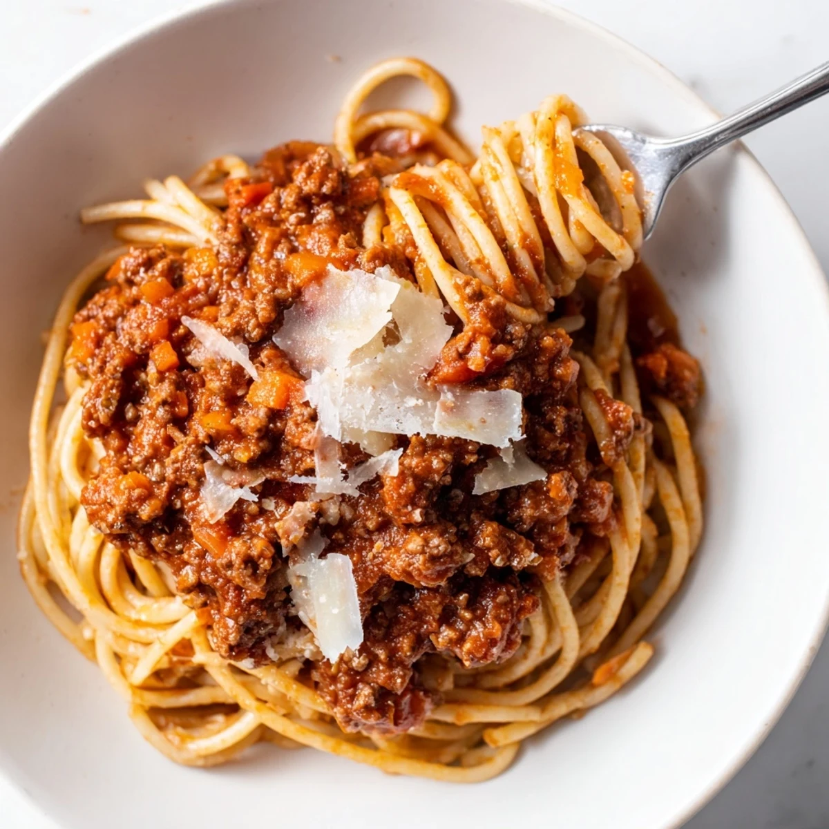 Close-up of Beef Bolognese with Spaghetti and Parmesan, al dente noodles tangled in a hearty, meaty tomato sauce.