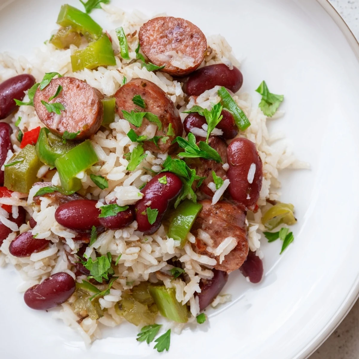 A close-up of Mardi Gras Rice and Beans with Sausage highlights smoky sausage, colorful peppers, and a garnish of fresh parsley.  