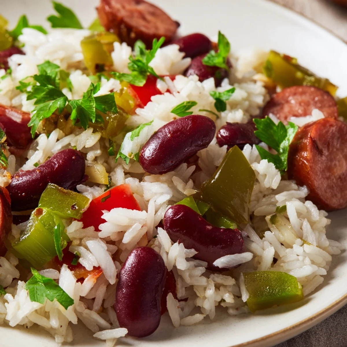 Steaming Mardi Gras Rice and Beans with Sausage features andouille slices peeking from fluffy rice and red kidney beans in a rustic pot.  