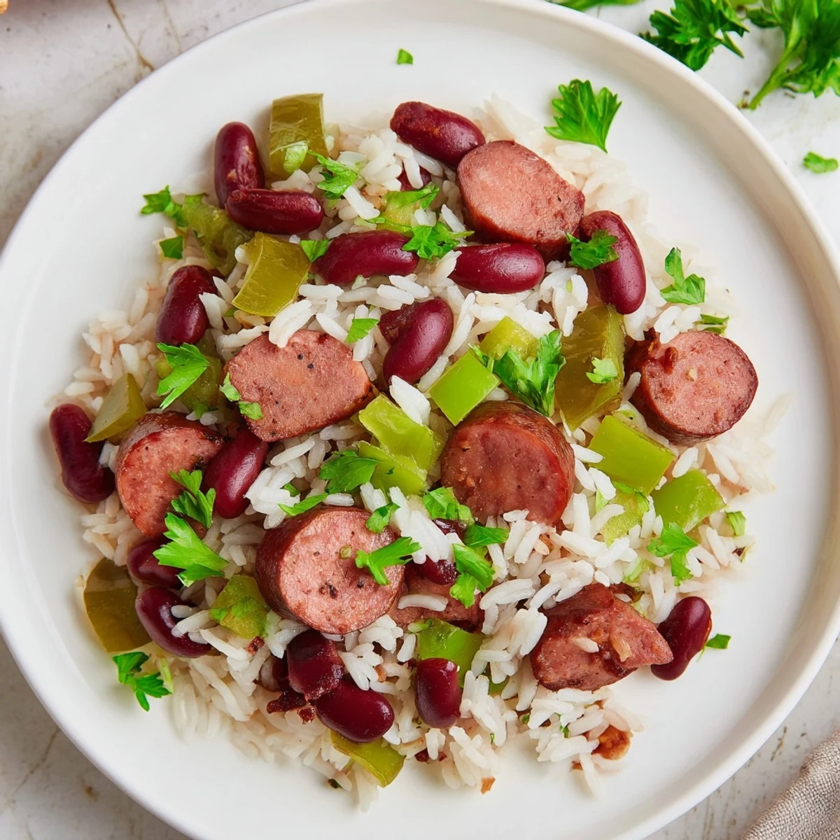 Rustic Dutch oven holds bubbling Mardi Gras Rice and Beans with Sausage, garnished with green onions and a dash of hot sauce.