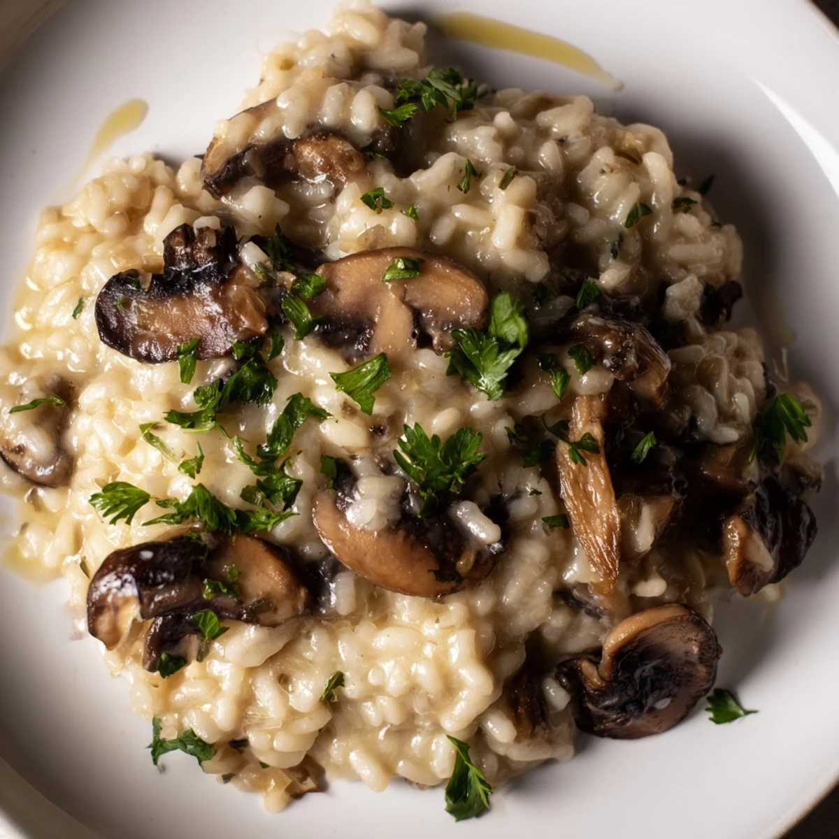 Creamy Mushroom Risotto with Truffle Oil garnished with fresh parsley and served warm in a shallow bowl.
