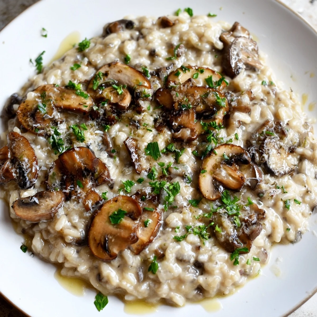 A luxurious vegetarian main dish, Creamy Mushroom Risotto with Truffle Oil drizzled with fragrant oil near wine glasses.
