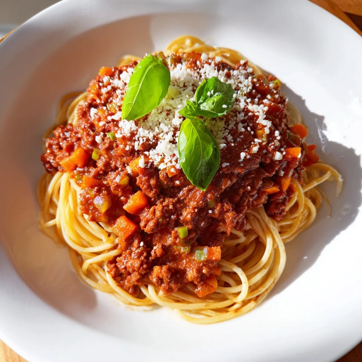 Steaming Beef Bolognese with Spaghetti served on a white plate with fresh basil and grated Parmesan.