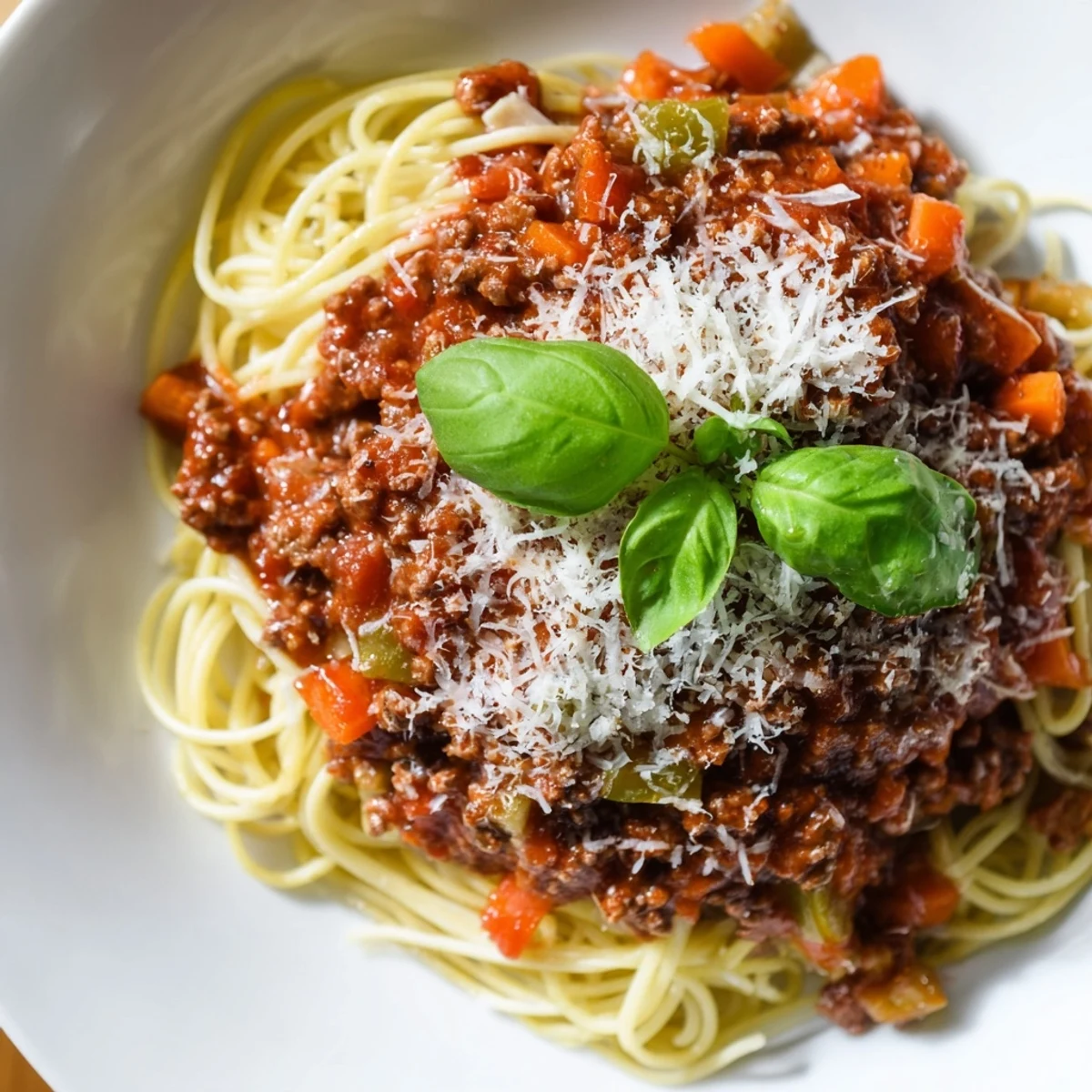 A close-up of Beef Bolognese with Spaghetti showing rich meat sauce clinging to perfectly al dente pasta noodles.