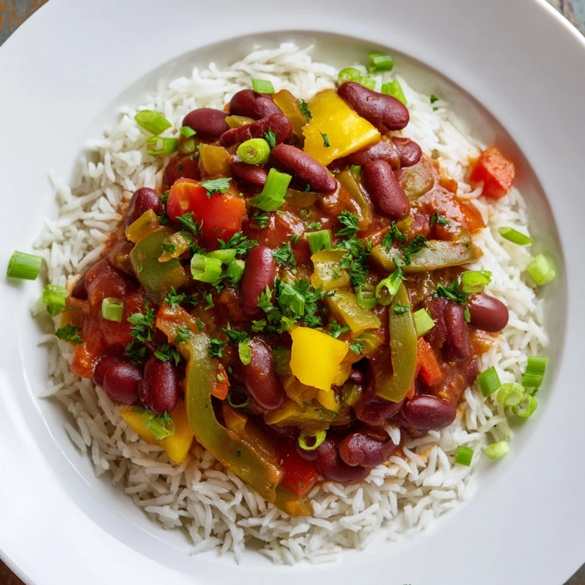 Hearty Mardi Gras Rice and Beans served with fresh green onions and a sprinkle of parsley.