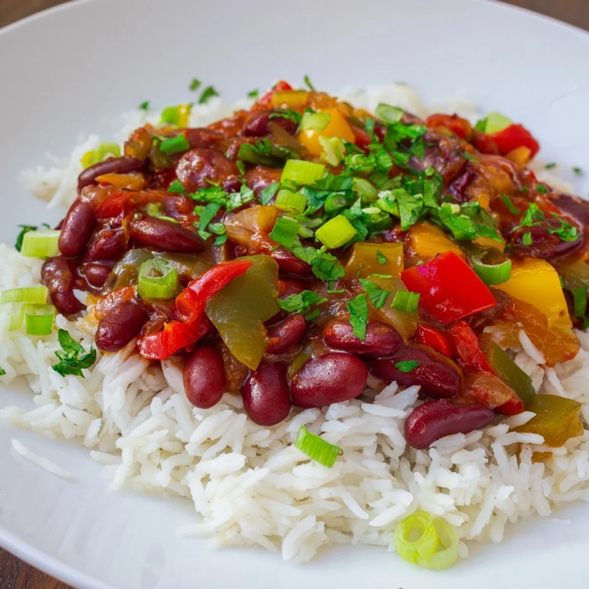 A vibrant bowl of Mardi Gras Rice and Beans with fluffy white rice and spiced kidney beans.