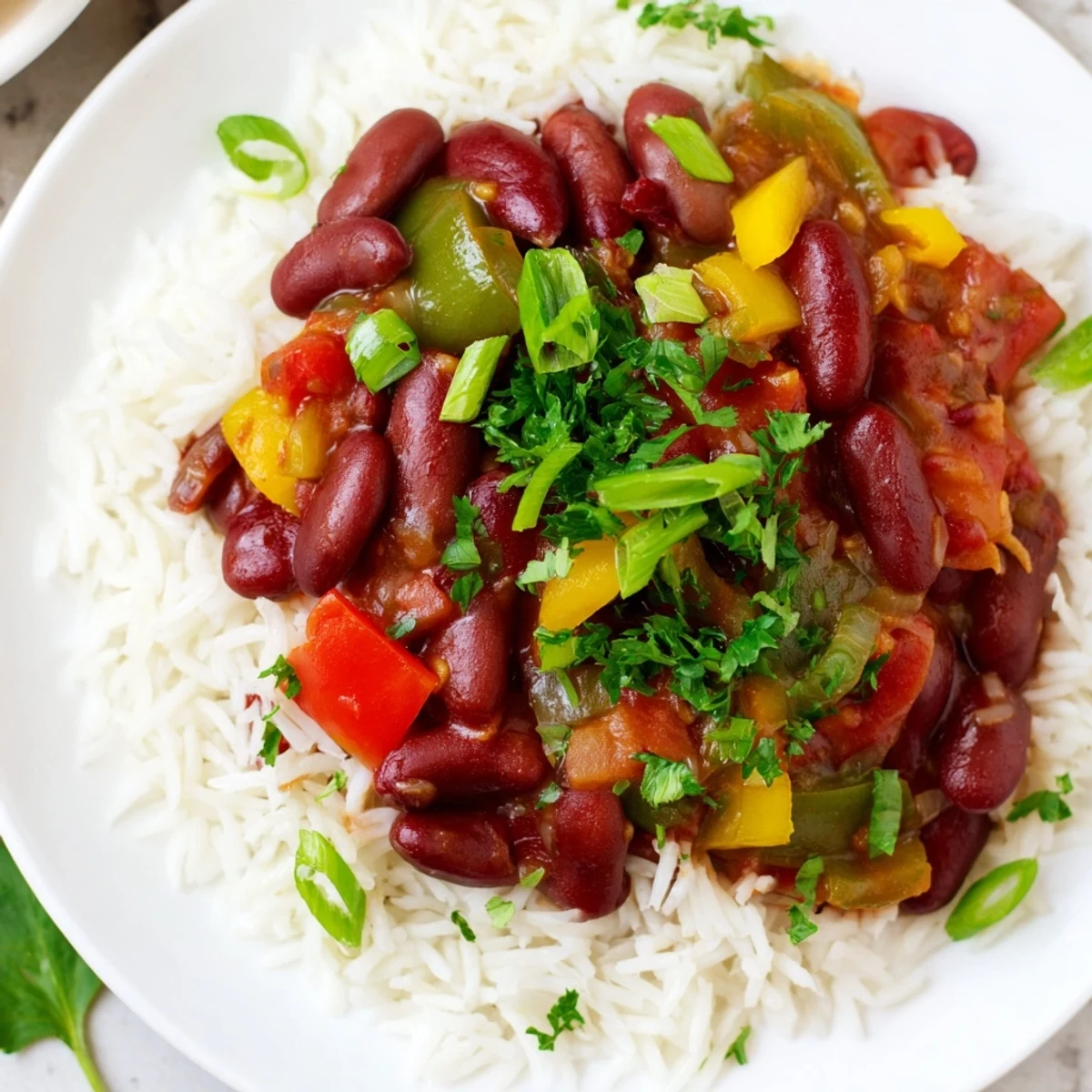 Colorful Mardi Gras Rice and Beans in a skillet, garnished with diced red bell peppers.