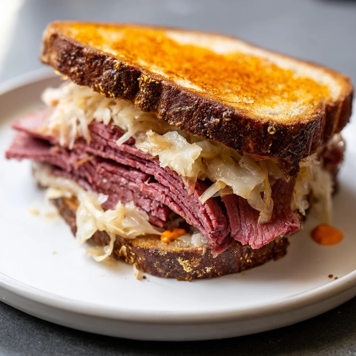 Hot grilled Corned Beef Sandwich on Rye with melted Swiss cheese and tangy sauerkraut on rye bread.