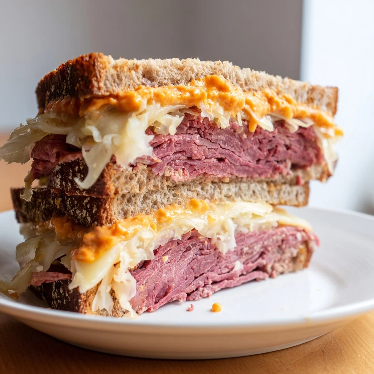 A close-up of a golden-brown Corned Beef Sandwich on Rye cut in half to show layers.